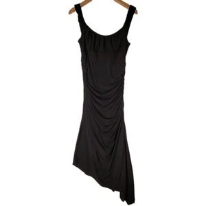 BCBGMAXAZRIA WOMENS MEDIUM VINTAGE BLACK ASYMMETRICAL RUCHE MIDI DRESS